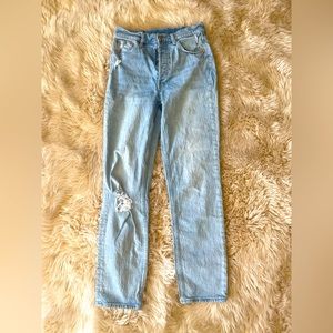 Light wash GAP jeans. Great quality, very flattering with cheeky fit